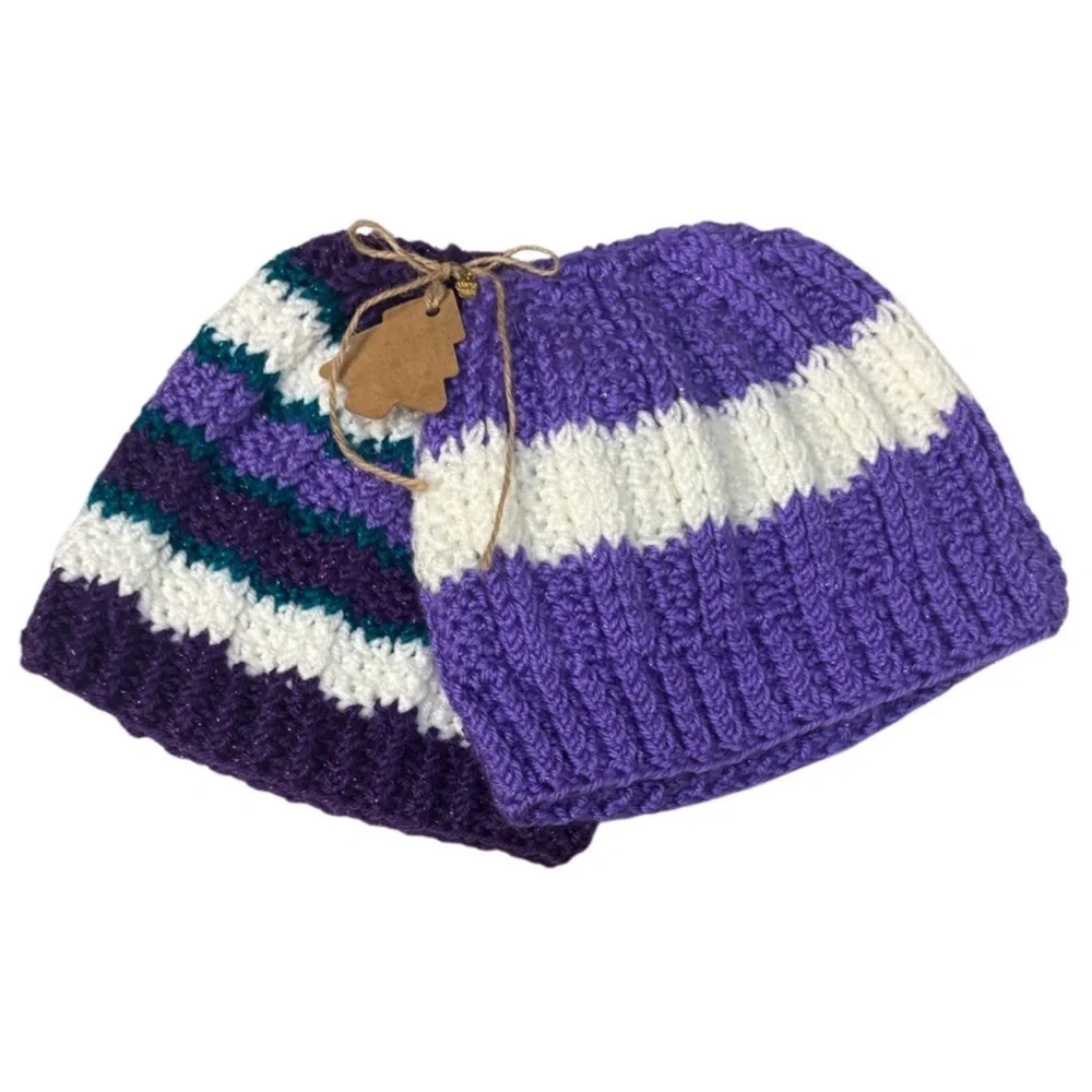Handmade Crochet Beanie Set Winter Textured Sweater Knit Metallic Purple Aqua